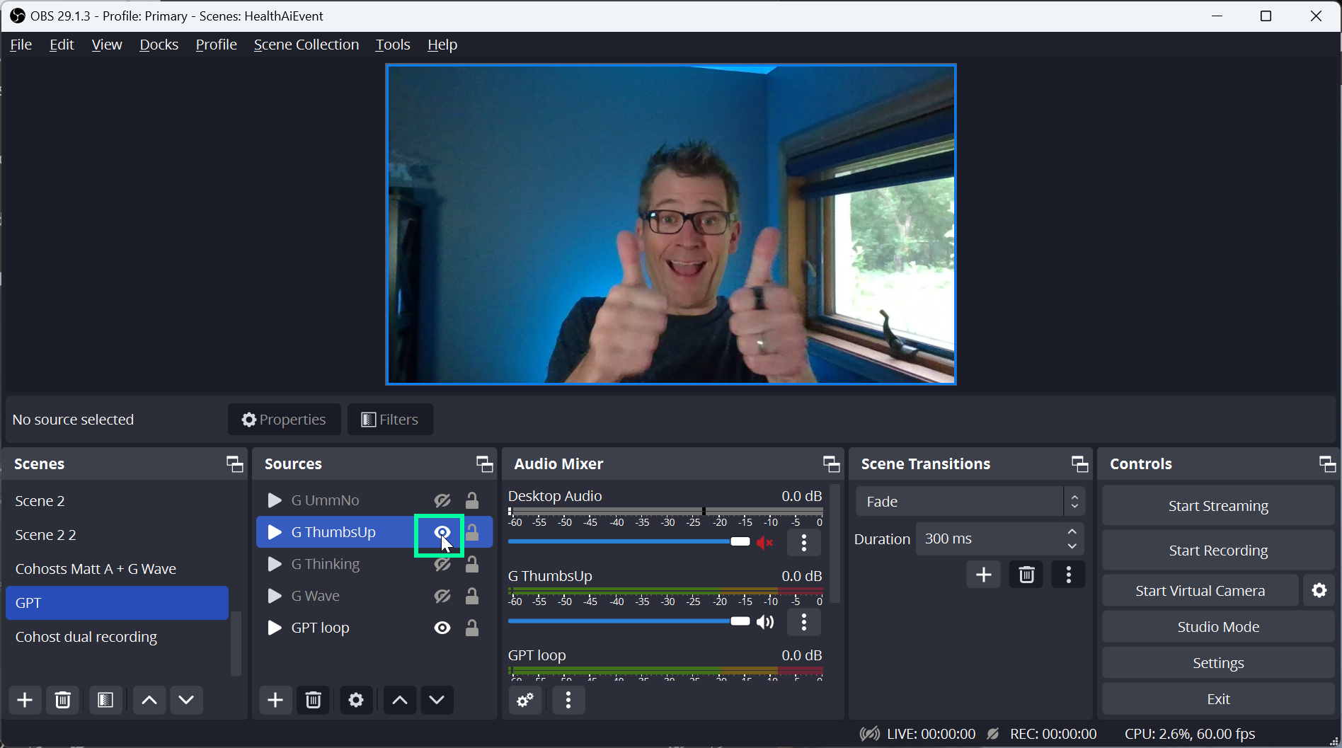 A screenshot of OBS with a box around the “thumbs up” layer, which resulted in the preview pane showing a video with my thumbs up
