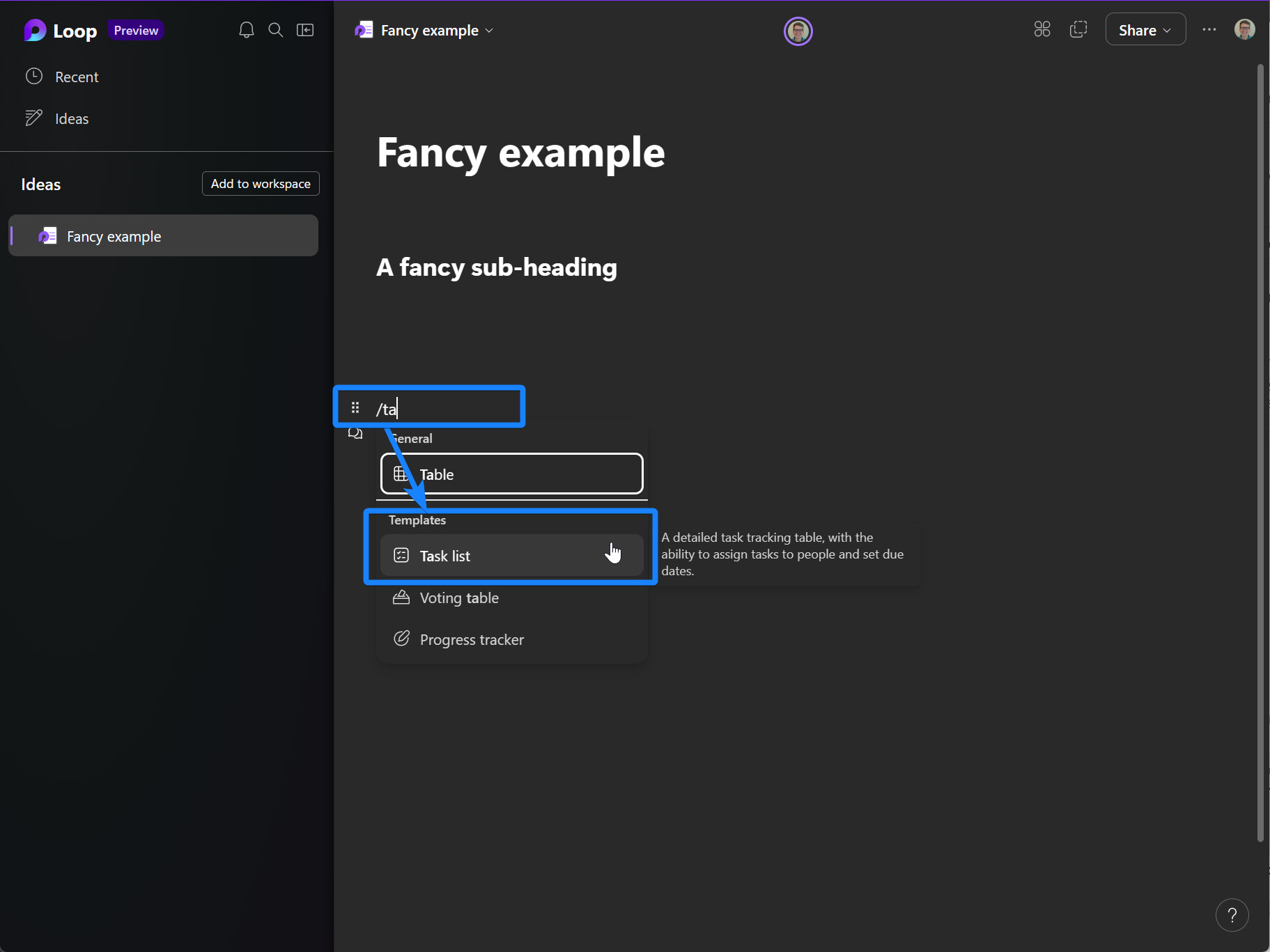 screenshot of adding Task List to a Loop