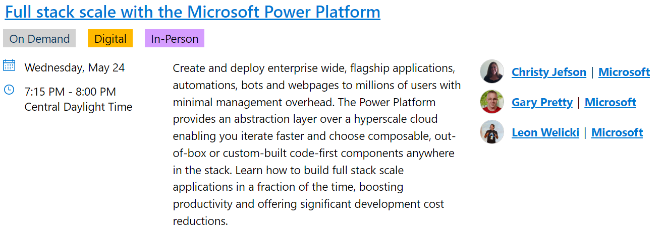 Screenshot of the session listing from the Build catalog.