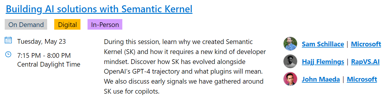 Screenshot of the session listing from the Build catalog.