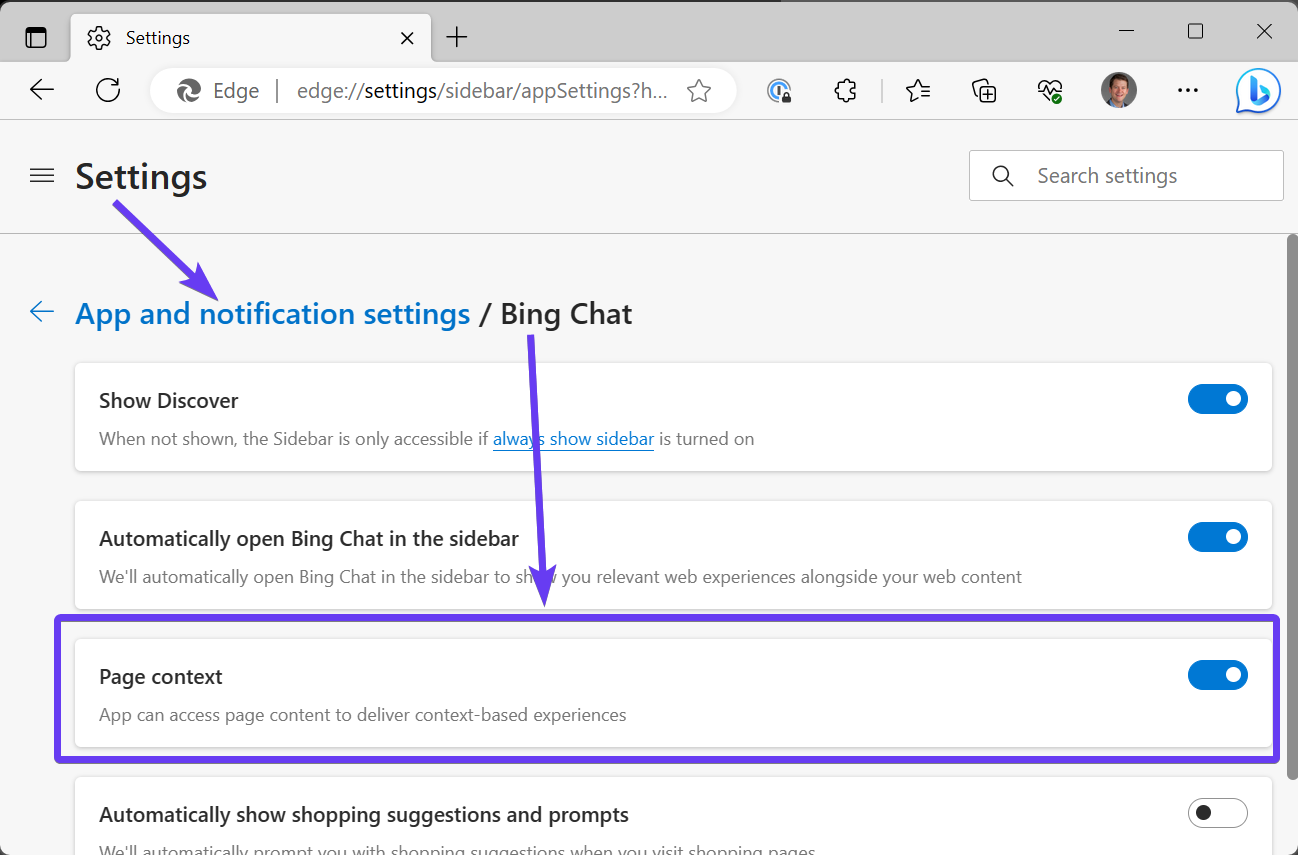 The Edge browser settings for Bing Chat, with “Page context” enabled