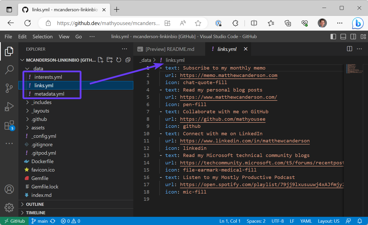 a screen capture of editing the site’s links, using visual studio code on github.dev