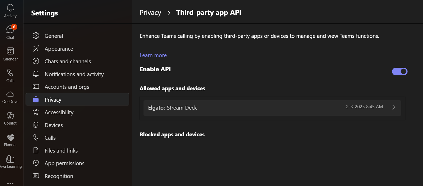 Teams allowed API connections