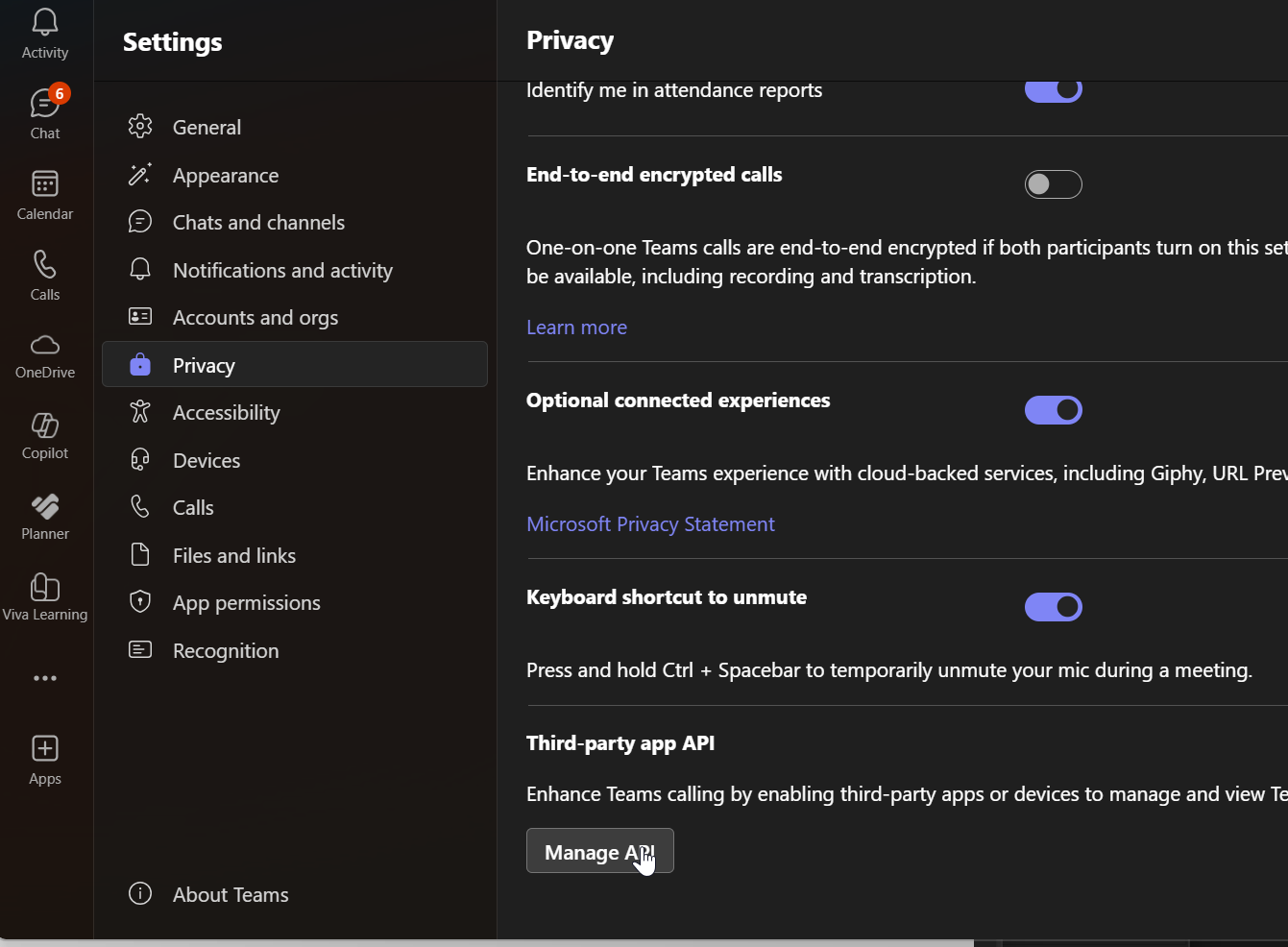 Teams settings, privacy, Third-party app API, Manage API
