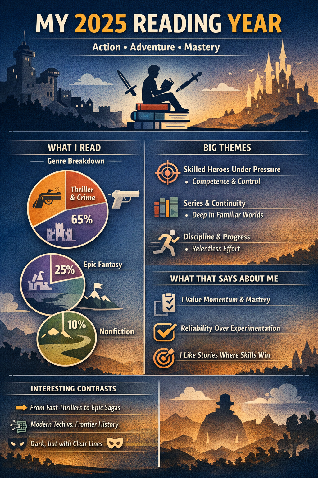 Infographic: my 2025 reading year. What I read, big themes, and what it might say about me.